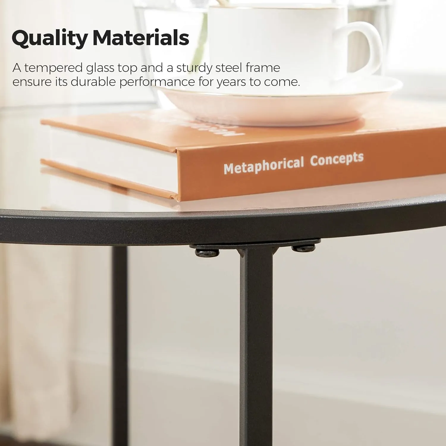 VASAGLE Round Side Table, Glass End Table with Metal Frame, Black Coffee Table with Modern Style, for Living Room, Balcony, Bedroom, Black
