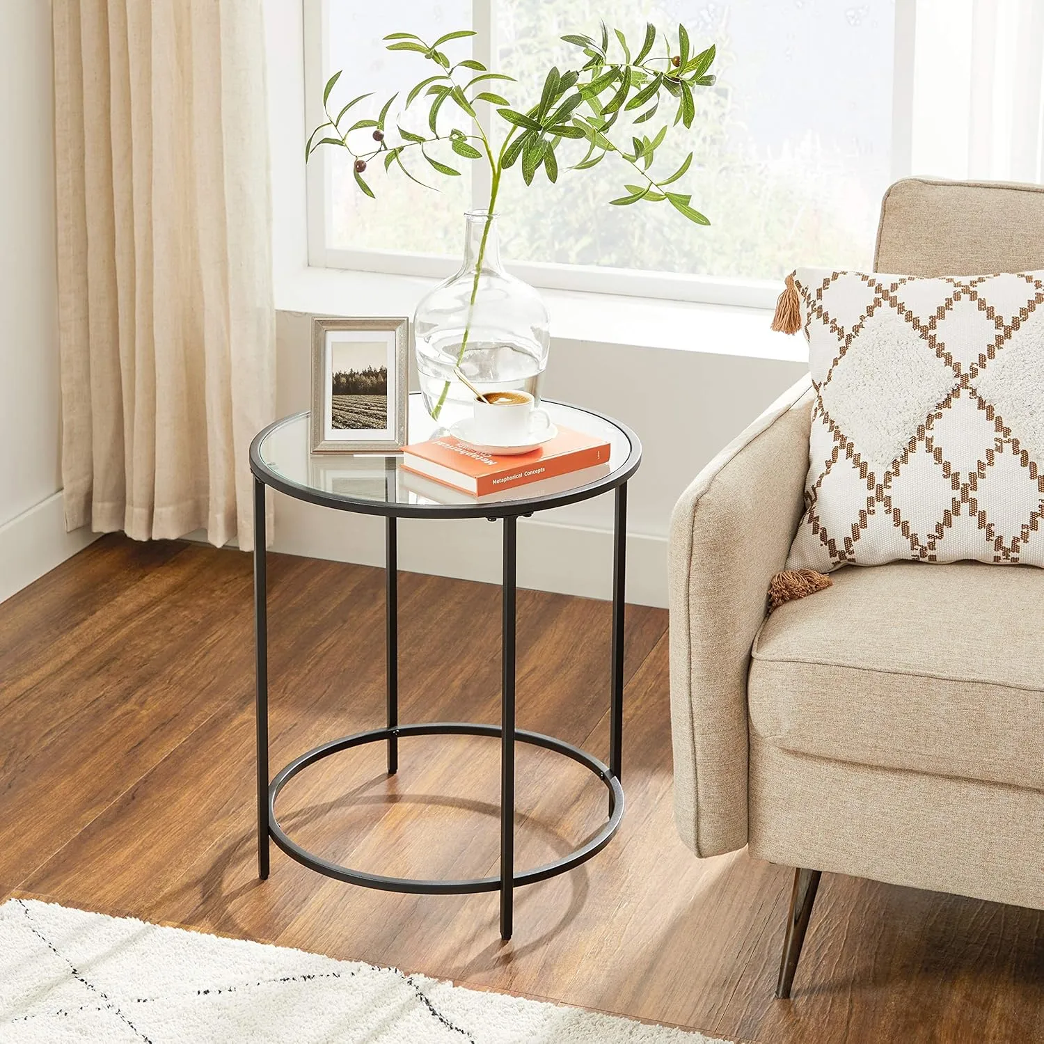 VASAGLE Round Side Table, Glass End Table with Metal Frame, Black Coffee Table with Modern Style, for Living Room, Balcony, Bedroom, Black