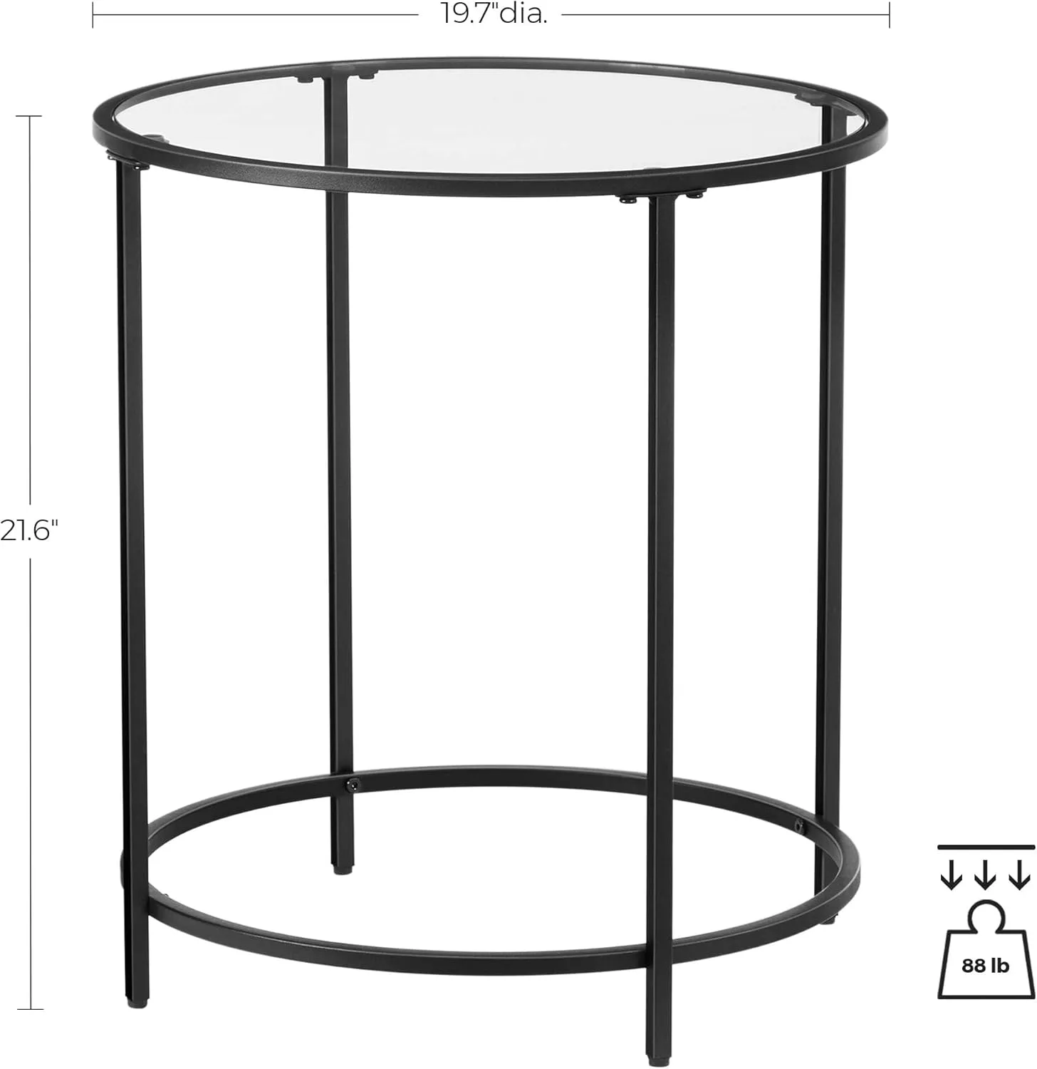 VASAGLE Round Side Table, Glass End Table with Metal Frame, Black Coffee Table with Modern Style, for Living Room, Balcony, Bedroom, Black