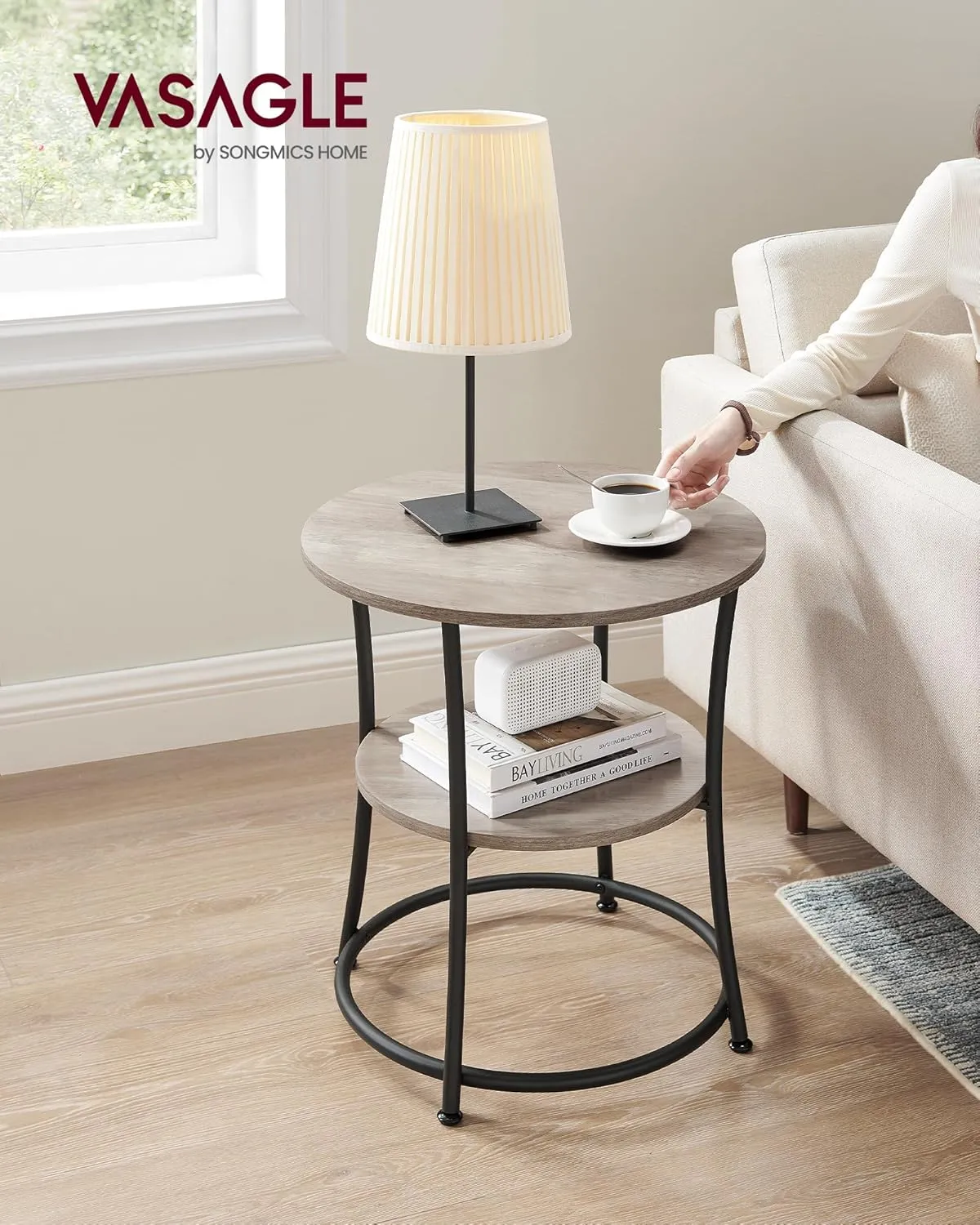 VASAGLE Side Table, Round End Table with 2 Storage Shelves for Living Room, Bedroom, Nightstand with Steel Frame for Small Spaces, Accent Coffee Table, Greige and Ink Black