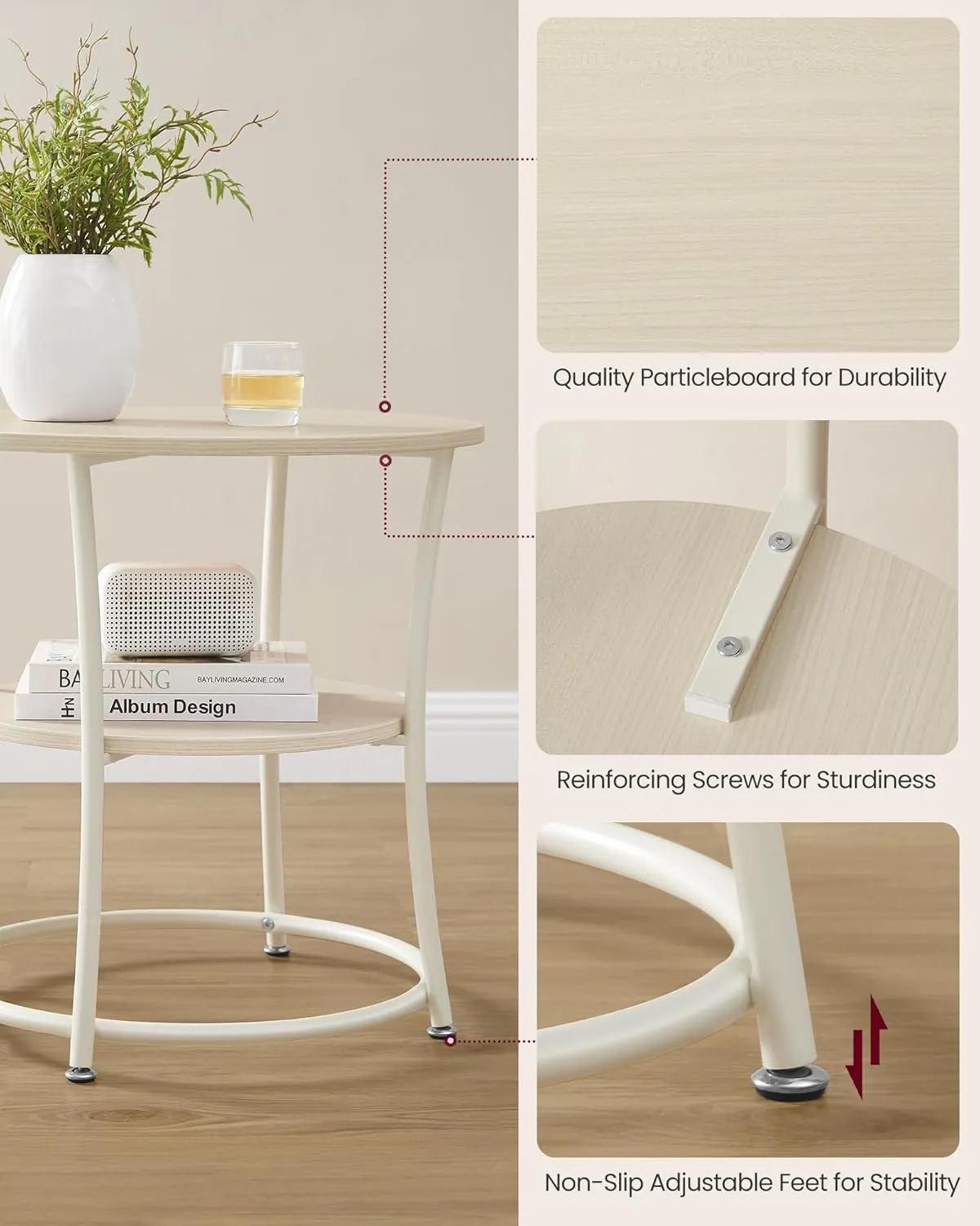 VASAGLE Side Table, Round End Table with 2 Storage Shelves for Living Room, Bedroom, Nightstand with Steel Frame for Small Spaces, Accent Coffee Table, Natural Beige