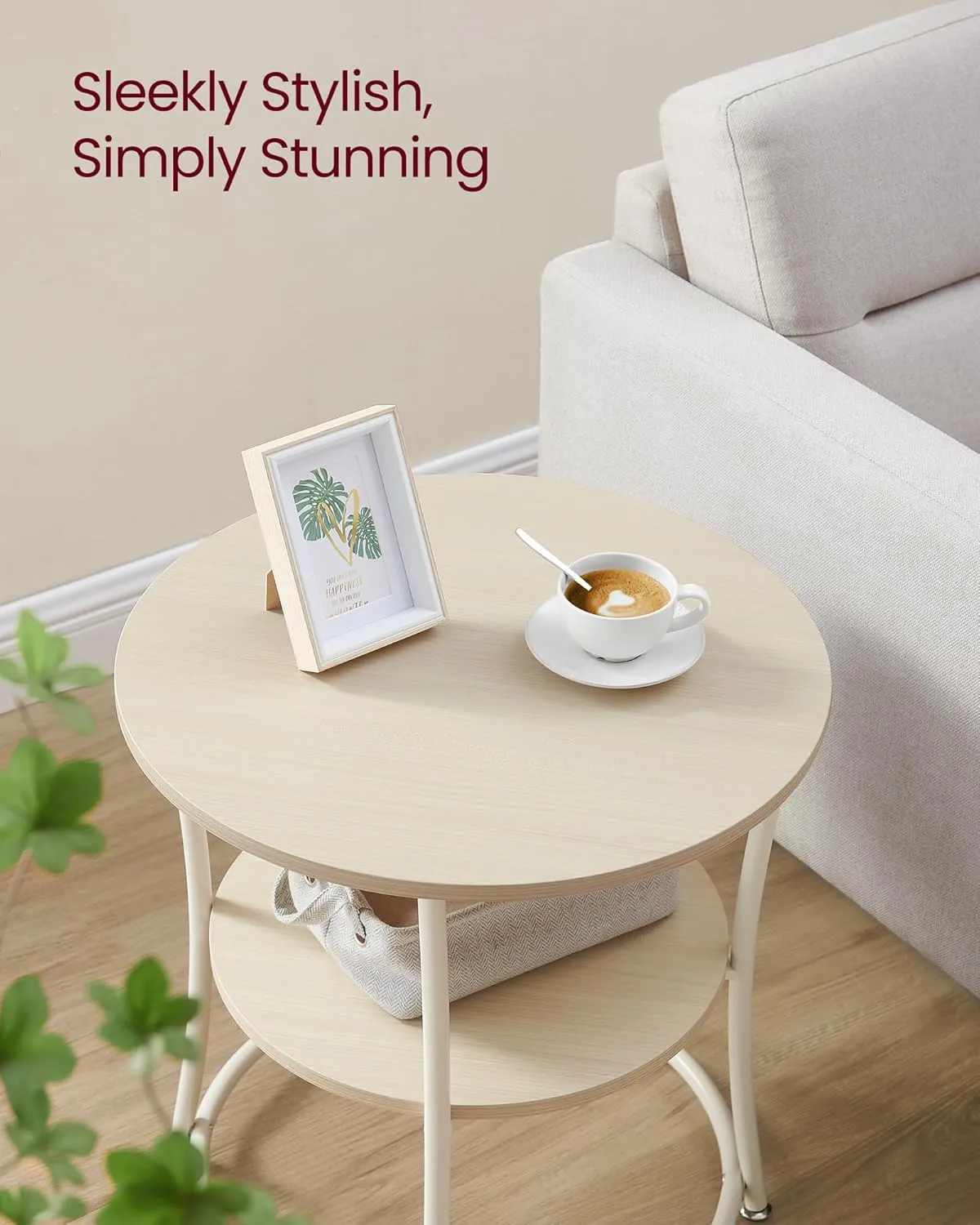 VASAGLE Side Table, Round End Table with 2 Storage Shelves for Living Room, Bedroom, Nightstand with Steel Frame for Small Spaces, Accent Coffee Table, Natural Beige