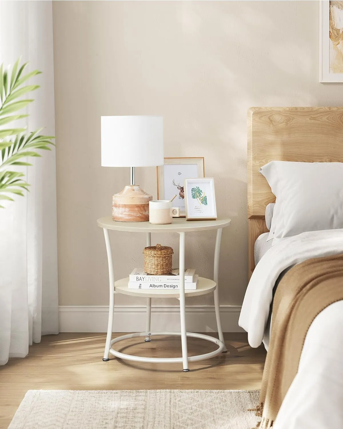 VASAGLE Side Table, Round End Table with 2 Storage Shelves for Living Room, Bedroom, Nightstand with Steel Frame for Small Spaces, Accent Coffee Table, Natural Beige
