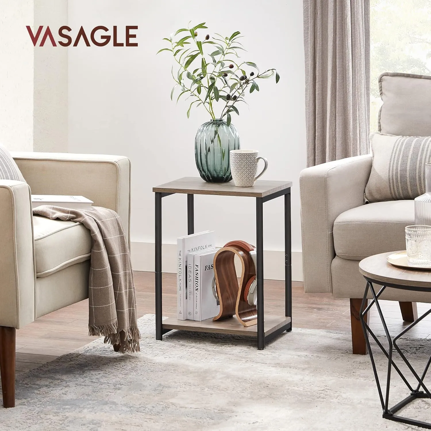 VASAGLE Side Table, Small End Table, Nightstand for Living Room, Bedroom, Office, Bathroom, Greige and Black ULET271B02