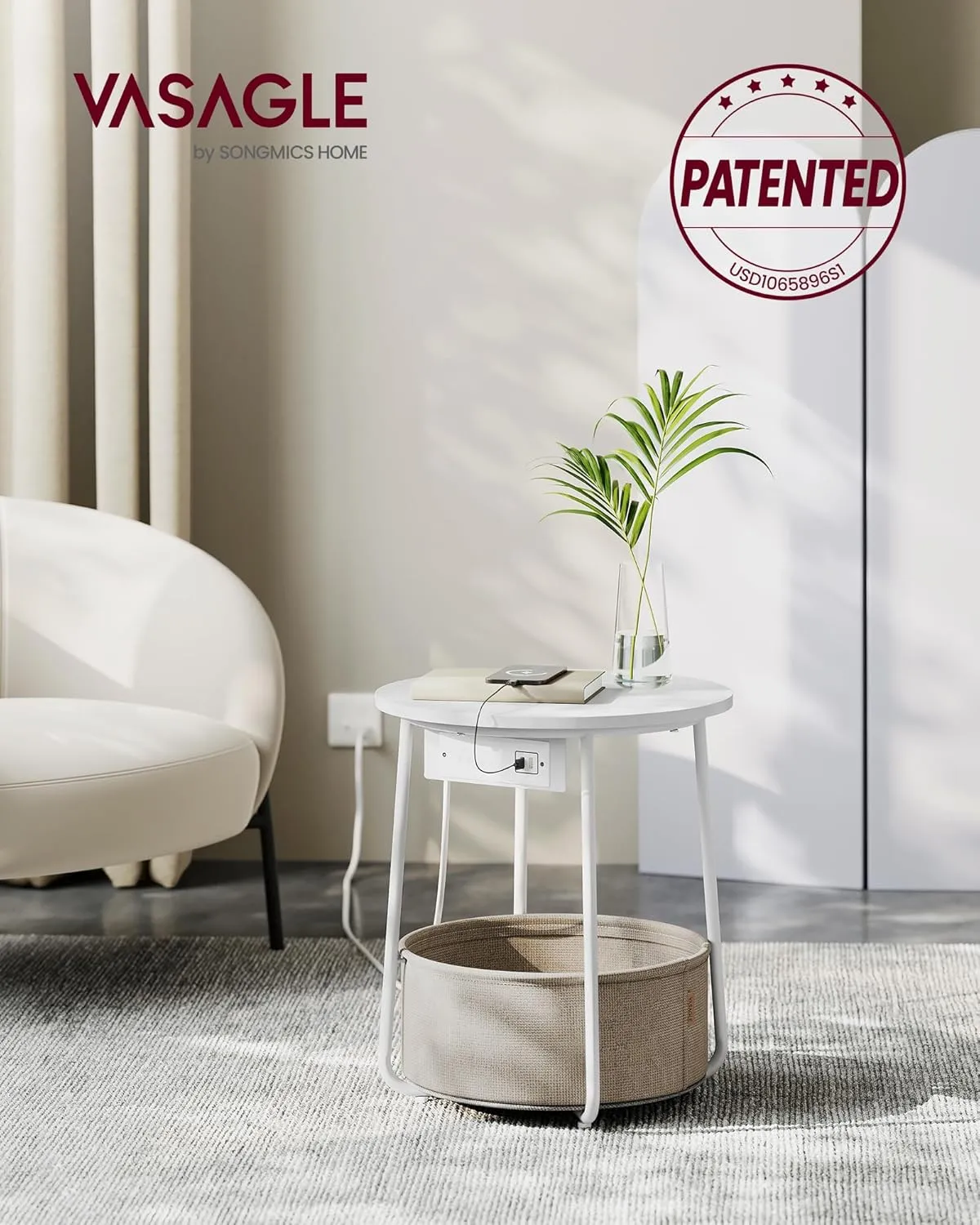 VASAGLE Side Table with Charging Station, Round End Table With Fabric Basket, Nightstand with Power Outlets USB Ports, for Living Room, Bedroom, Modern, Matte White and Camel Brown ULET228W01
