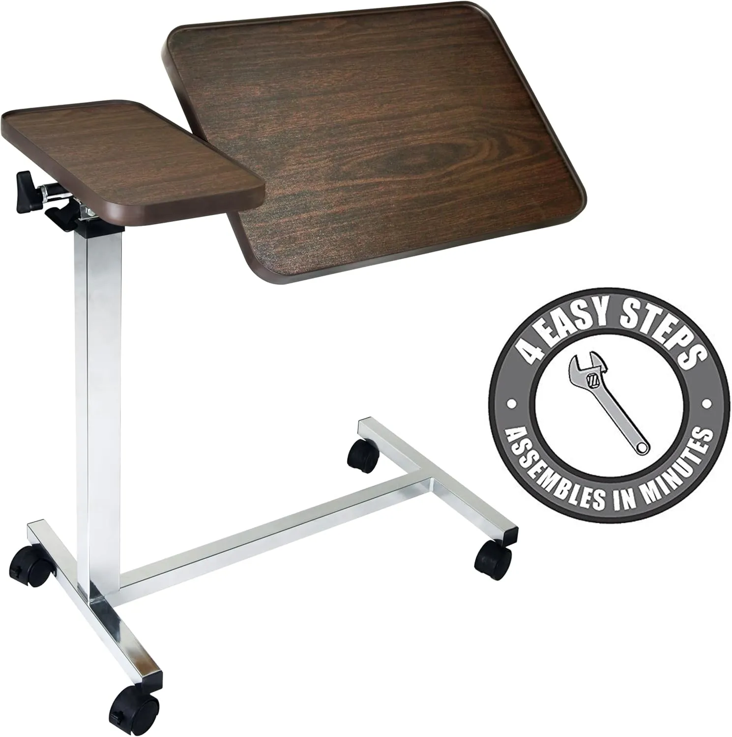 Vaunn Medical Adjustable Tilt Overbed Bedside Table with Wheels for Hospital and Home Use