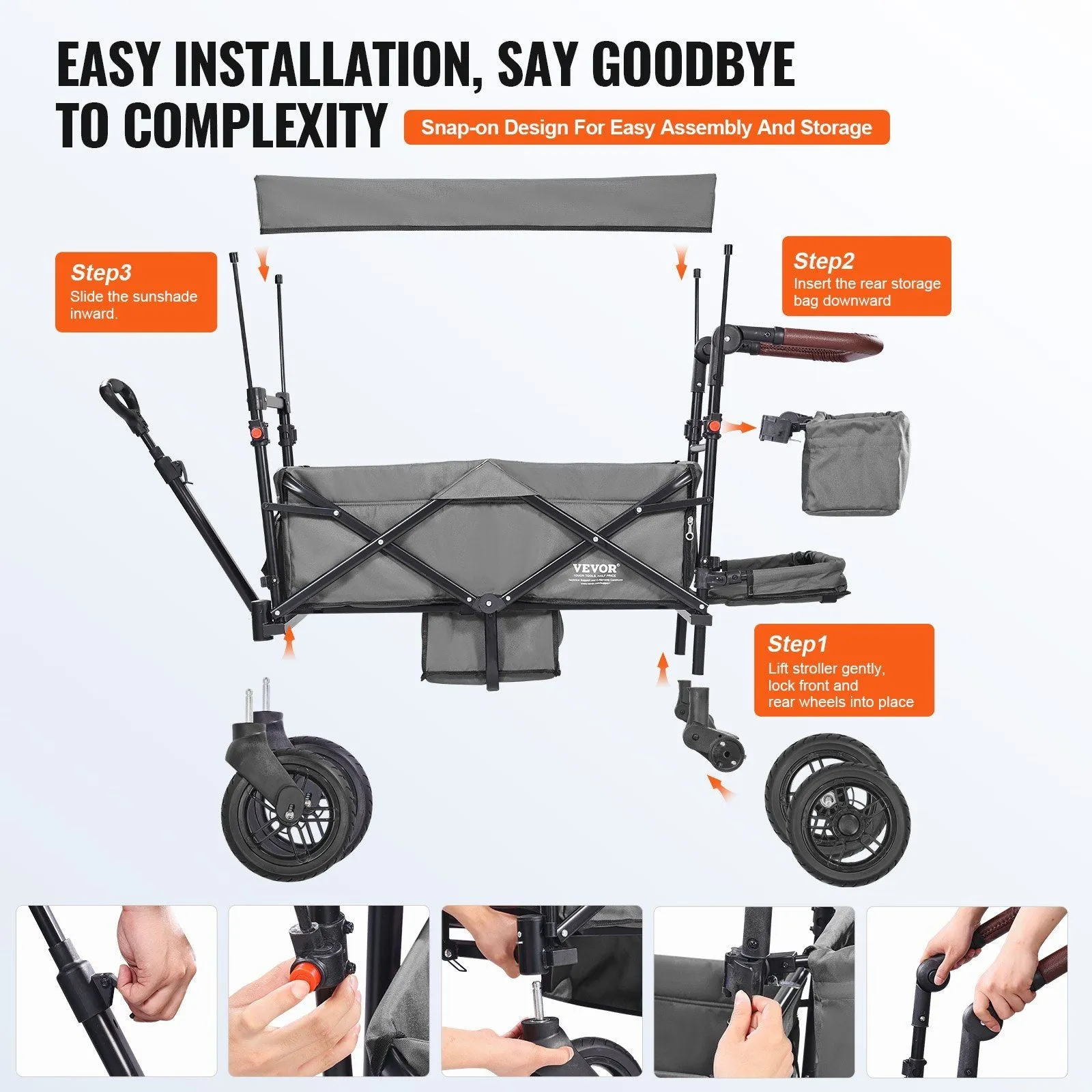 VEVOR Wagon Stroller for 2 Kids, Push Pull Quad Collapsible Stroller with Adjustable Handle, Encircling Harness Removable Canopy, 4 Wheels w/ Brakes, Mutifunction Tandem Stroller for Camping Dark Grey