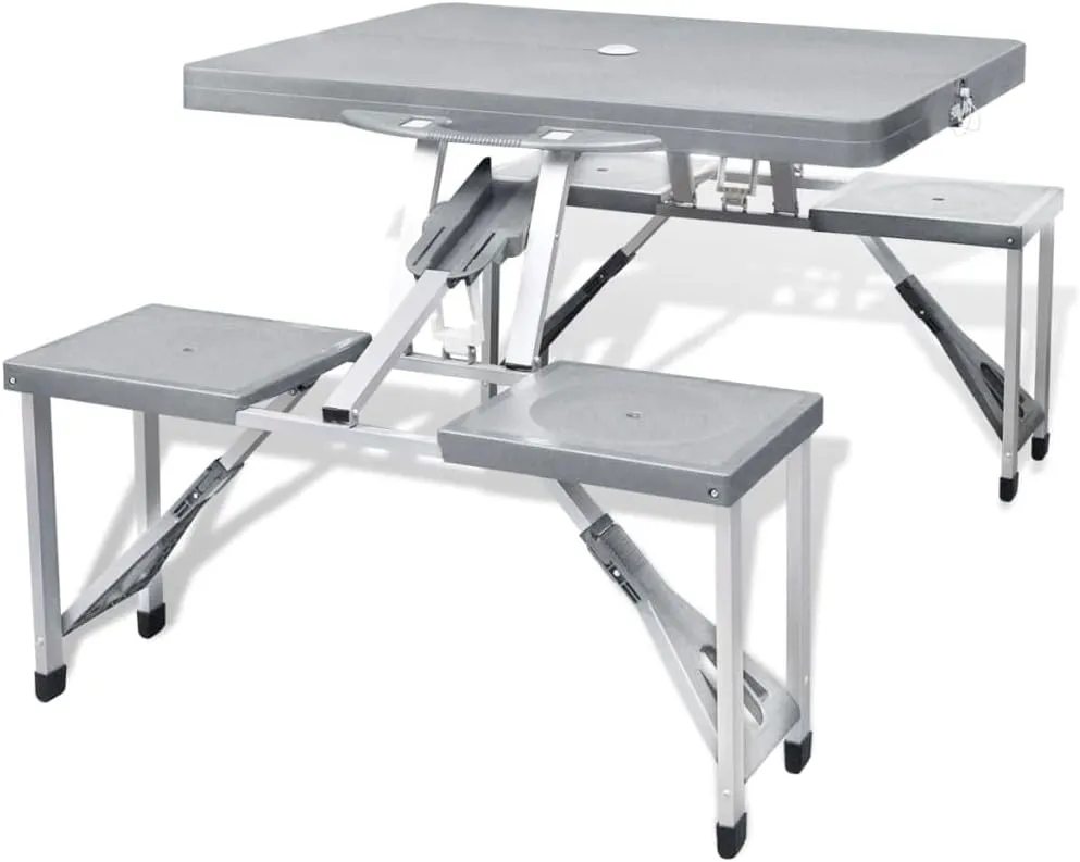 vidaXL Foldable Gray Camping Table Set with 4 Stools - Lightweight Aluminum and Steel Frame, Robust PP Tabletop, for Patio, Garden and Outdoor use