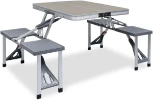 vidaXL Folding Camping Table with 4 Seats - Portable Aluminum Picnic Table Set for Outdoor, Patio, Garden with Parasol Hole and Carry Handle, Compact and Easy to Assemble, Silver