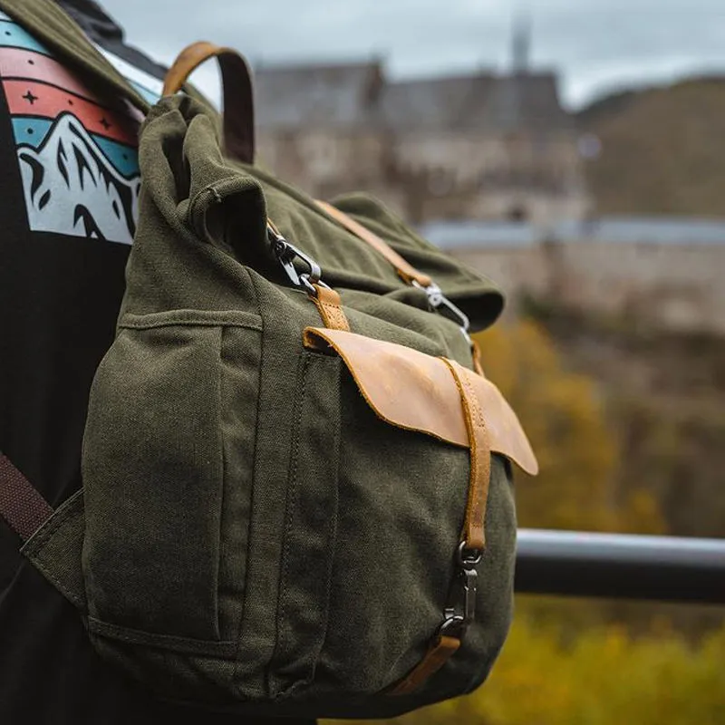 Vintage Canvas Roll-Top Backpack with Belt Buckle Closure