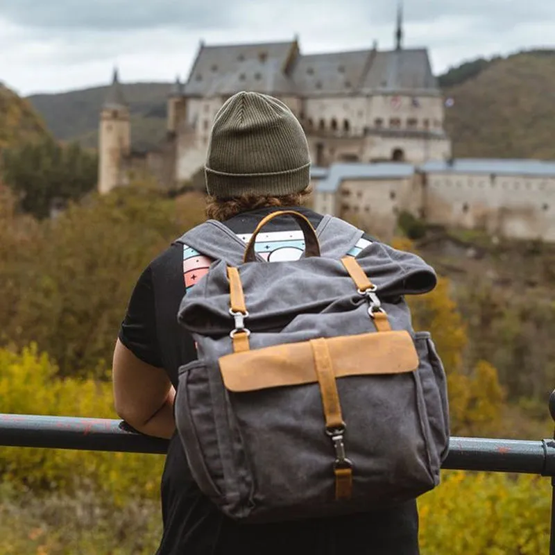 Vintage Canvas Roll-Top Backpack with Belt Buckle Closure