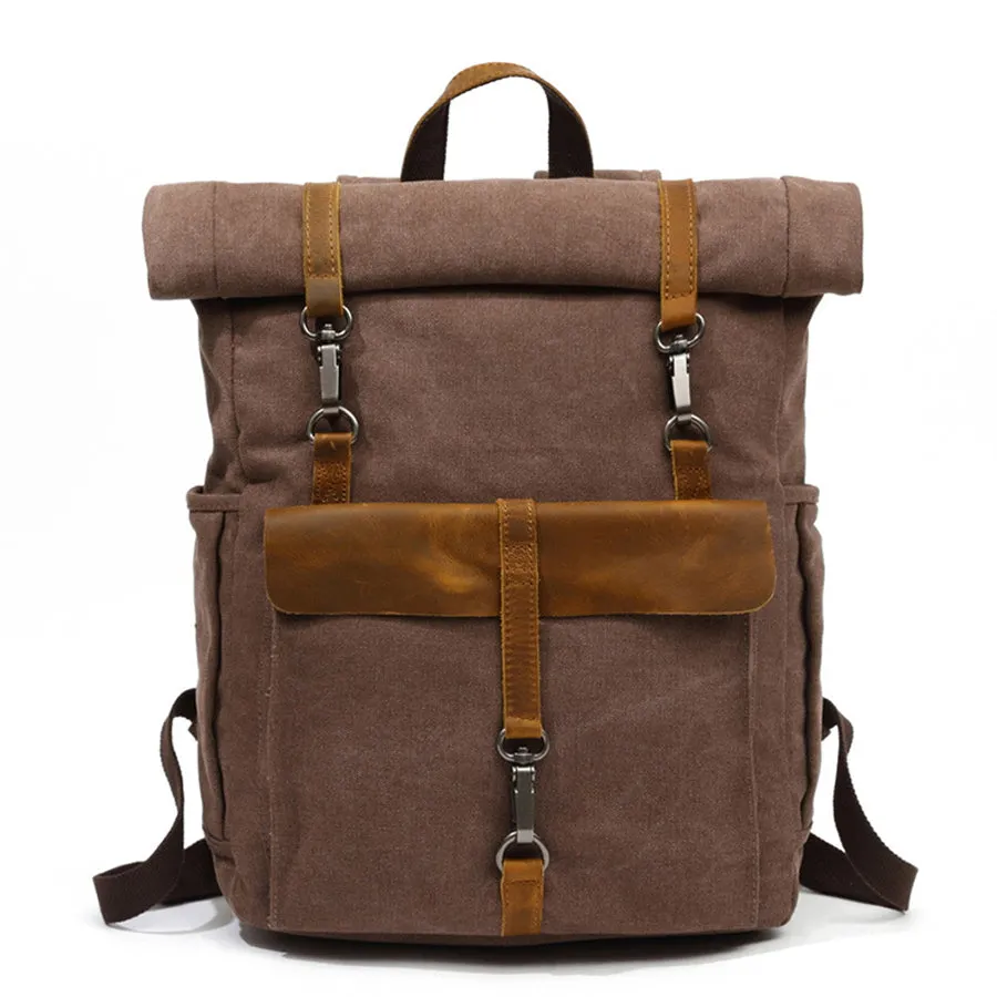 Vintage Canvas Roll-Top Backpack with Belt Buckle Closure