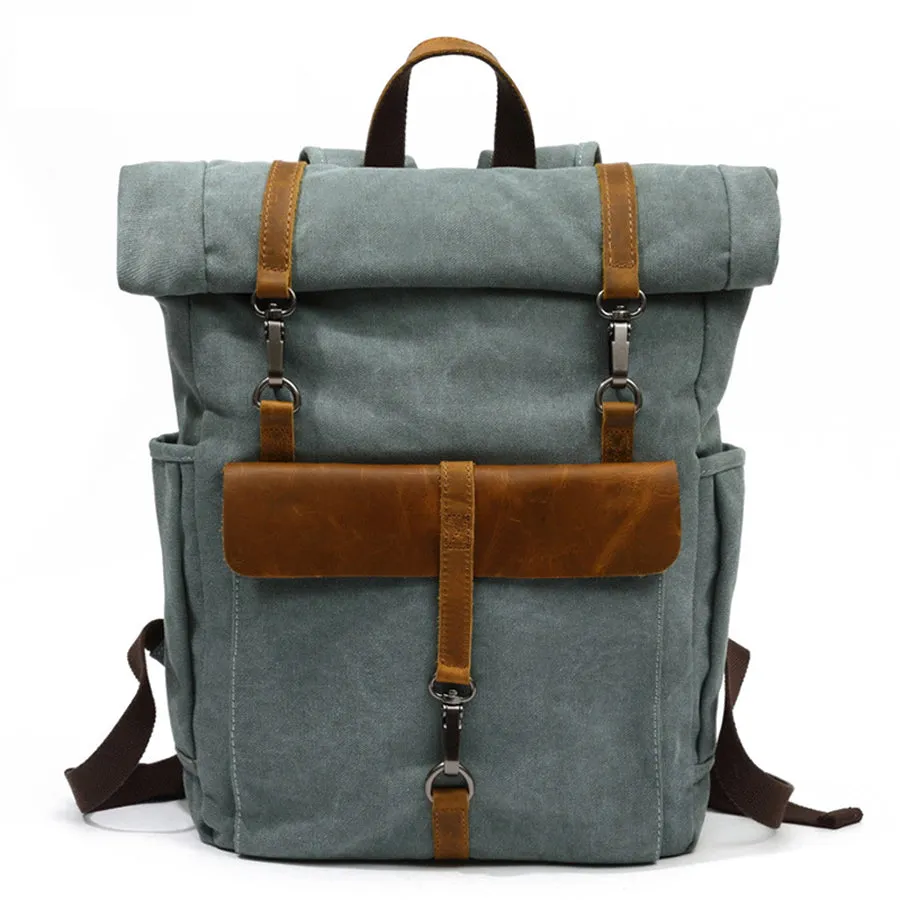 Vintage Canvas Roll-Top Backpack with Belt Buckle Closure