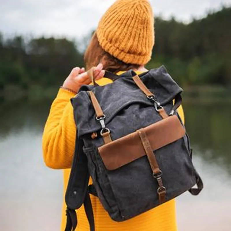 Vintage Canvas Roll-Top Backpack with Belt Buckle Closure