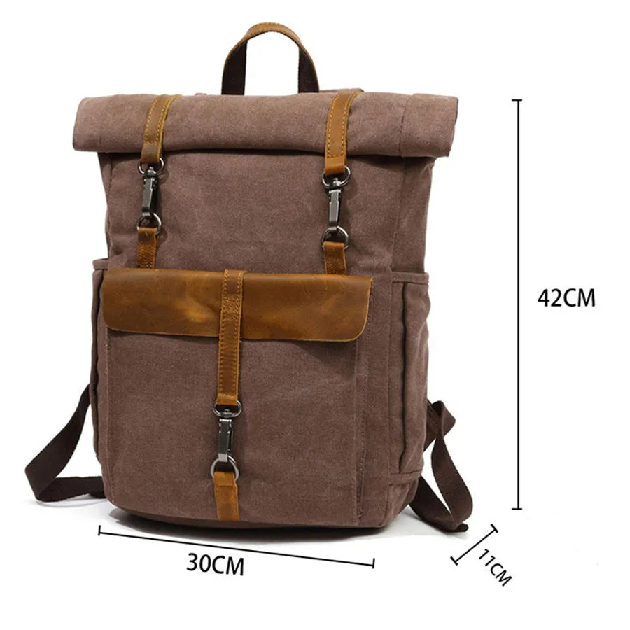 Vintage Canvas Roll-Top Backpack with Belt Buckle Closure