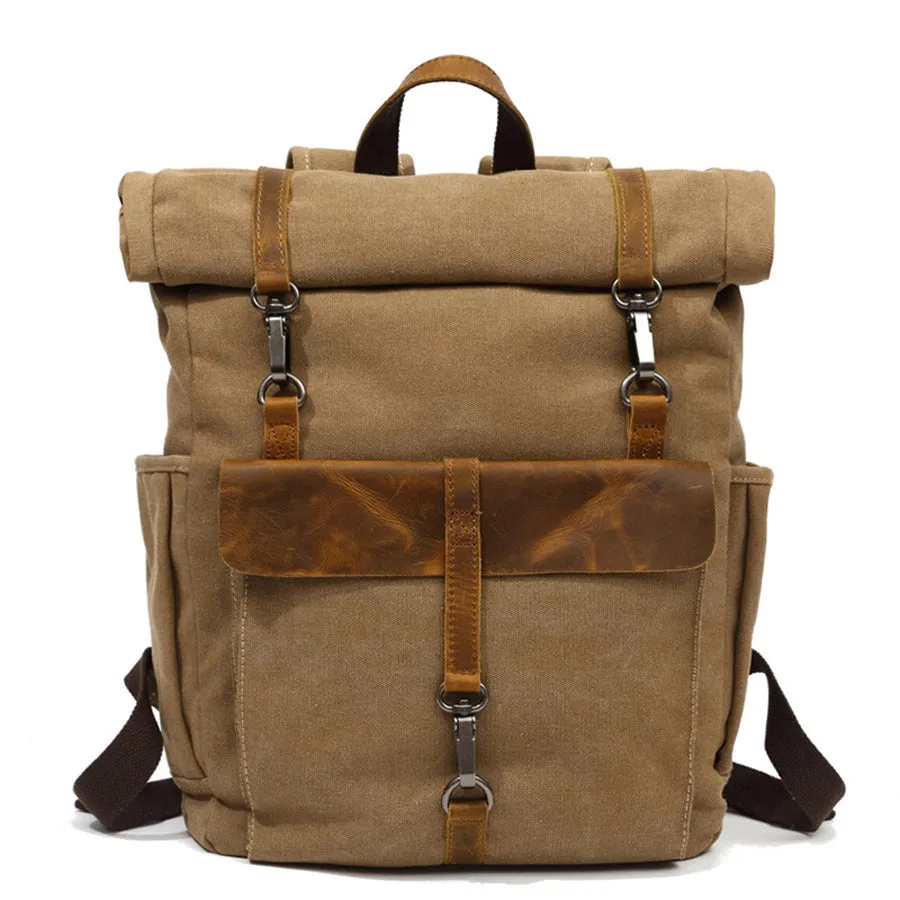 Vintage Canvas Roll-Top Backpack with Belt Buckle Closure