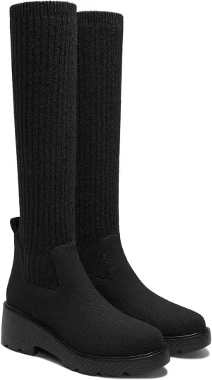 VIVAIA Eduarda Women's Water Repellent Knee-High Platform Chunky Wedge Boots Slip on Round-toeBooties 2.36" chunky Heel Booties Lady Dress Winter Fall Boots