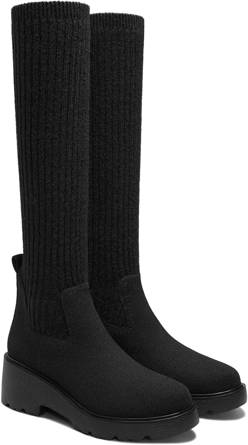 VIVAIA Eduarda Women's Water Repellent Knee-High Platform Chunky Wedge Boots Slip on Round-toeBooties 2.36" chunky Heel Booties Lady Dress Winter Fall Boots