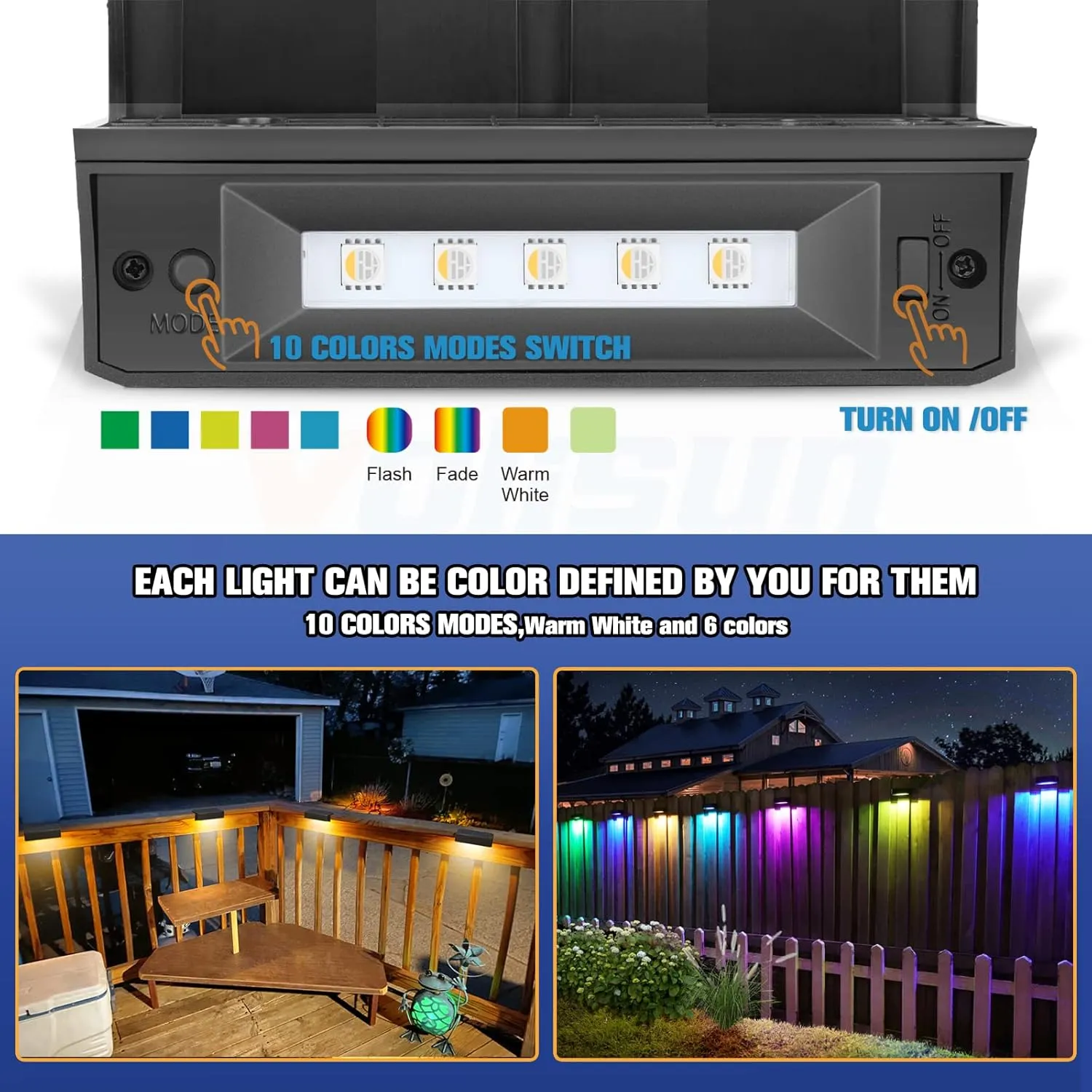 VOLISUN Solar Deck Lights ,7 Colors&Warm White Outdoor 4-Pack Waterproof Led Color Glow Solar Lights for Step,Fence,Railing,Wall,Stairs (1800mah,Long Lighting Time)