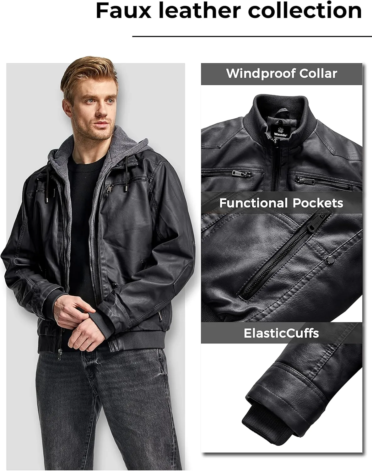 wantdo Men's Faux Leather Jacket with Removable Hood Motorcycle Jacket Casual Warm Winter Coat