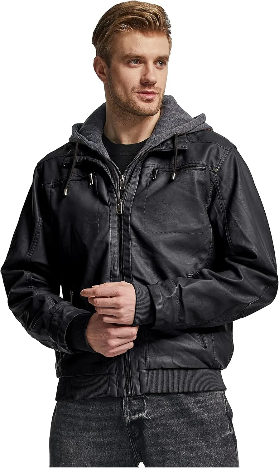 wantdo Men's Faux Leather Jacket with Removable Hood Motorcycle Jacket Casual Warm Winter Coat