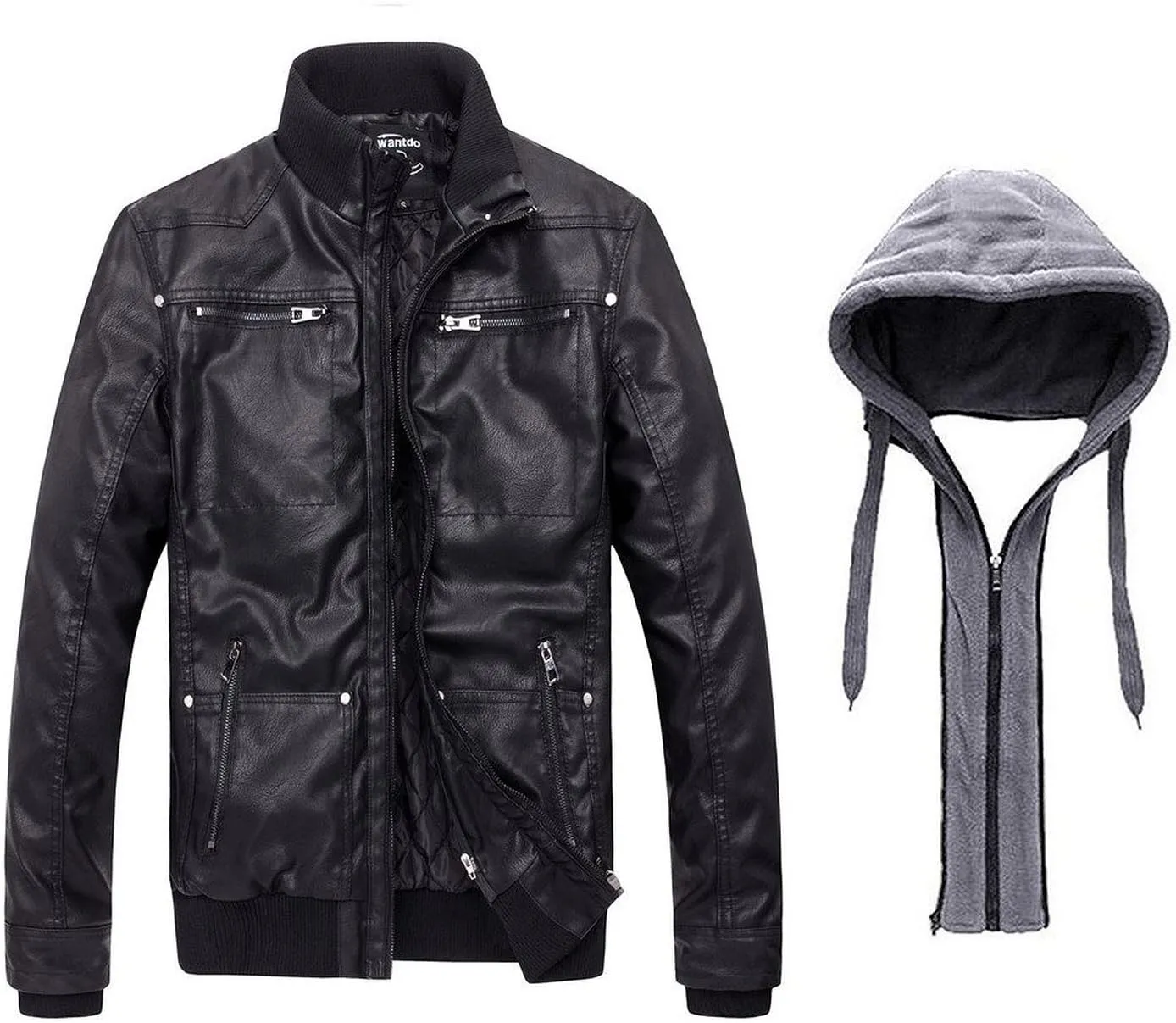 wantdo Men's Faux Leather Jacket with Removable Hood Motorcycle Jacket Casual Warm Winter Coat