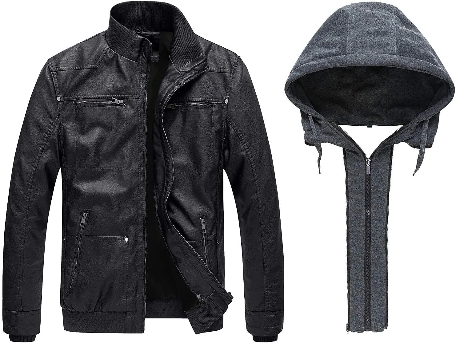 wantdo Men's Faux Leather Jacket with Removable Hood Motorcycle Jacket Casual Warm Winter Coat