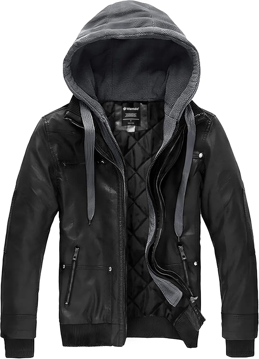 wantdo Men's Faux Leather Jacket with Removable Hood Motorcycle Jacket Casual Warm Winter Coat