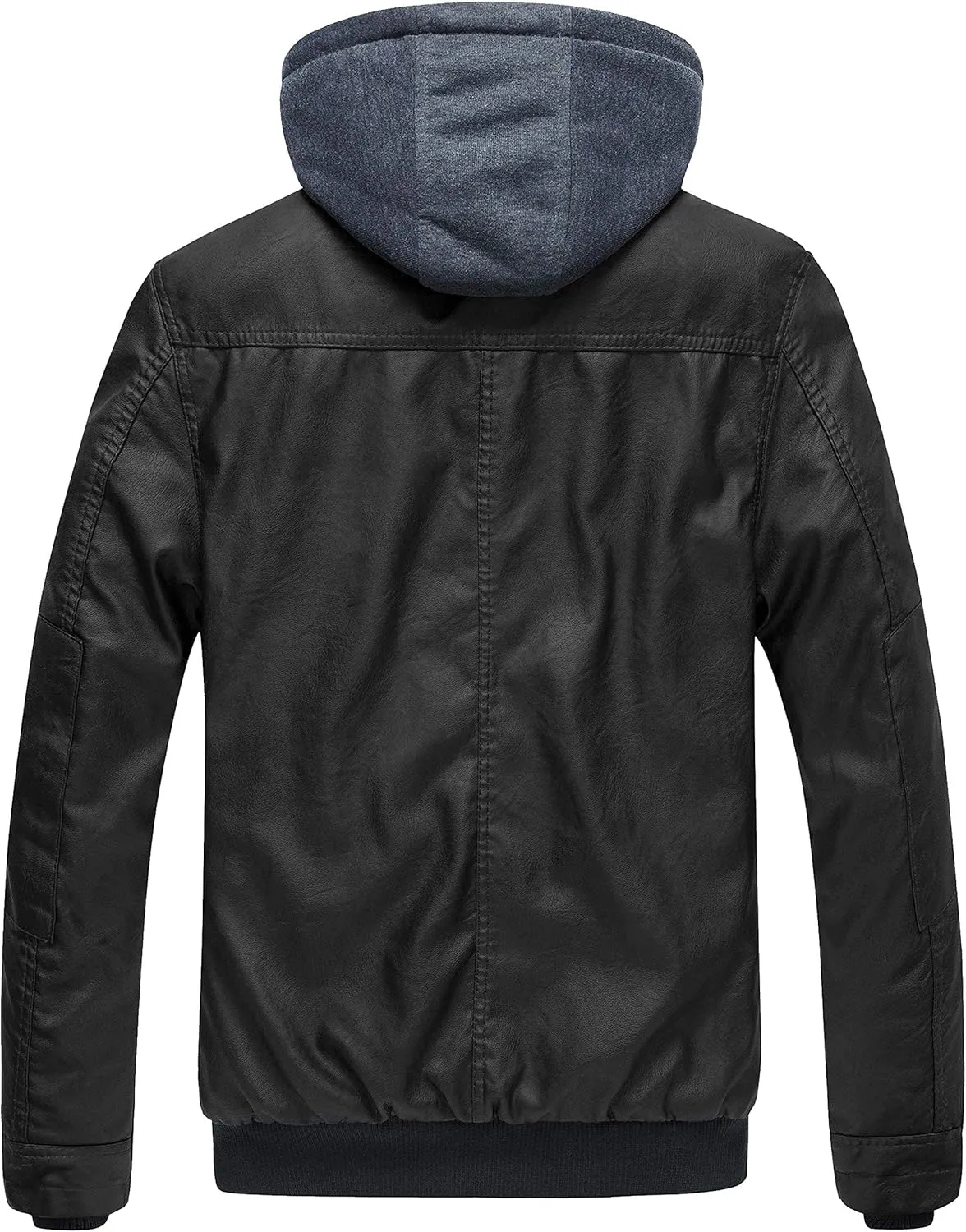 wantdo Men's Faux Leather Jacket with Removable Hood Motorcycle Jacket Casual Warm Winter Coat