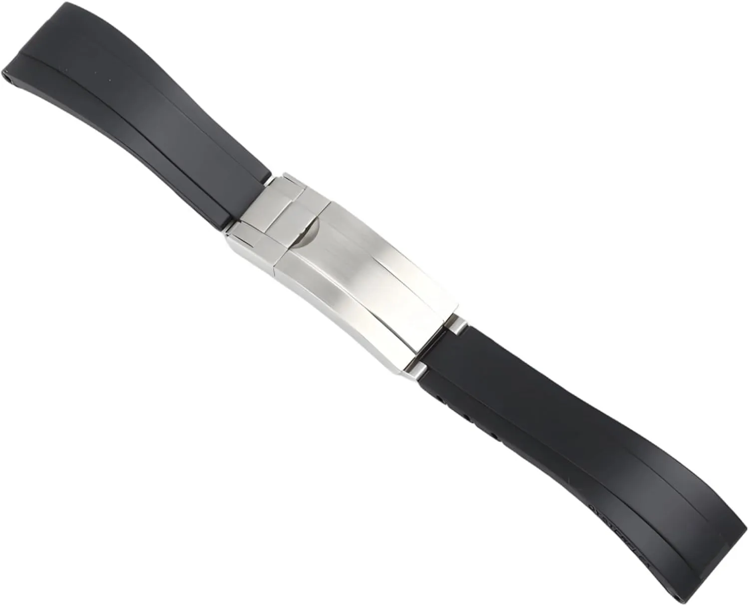 Waterproof 20Mm Rubber Watch Strap For, Black Silicone Band With Silver Buckle, Curved Design