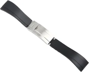 Waterproof 20Mm Rubber Watch Strap For, Black Silicone Band With Silver Buckle, Curved Design