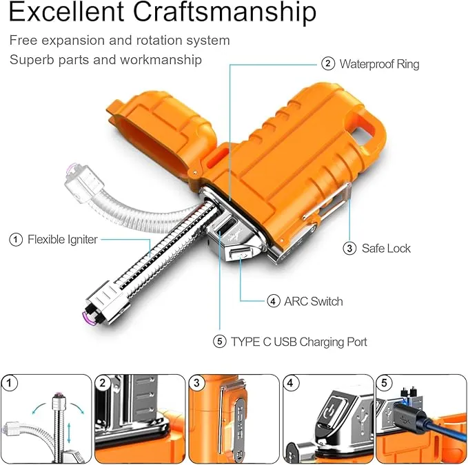 Waterproof Electric Lighter with 360°Flexible Long Neck, Outdoor Windproof Arc Lighter USB Rechargeable Flameless Plasma Cool Lighters for Outdoor & Kitchen (Orange)