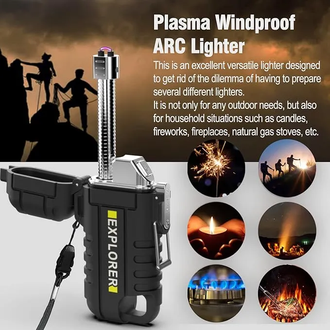 Waterproof Electric Lighter with 360°Flexible Long Neck, Outdoor Windproof Arc Lighter USB Rechargeable Flameless Plasma Cool Lighters for Outdoor & Kitchen(Black)