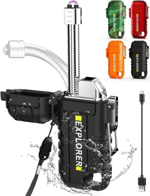 Waterproof Electric Lighter with 360°Flexible Long Neck, Outdoor Windproof Arc Lighter USB Rechargeable Flameless Plasma Cool Lighters for Outdoor & Kitchen(Black)