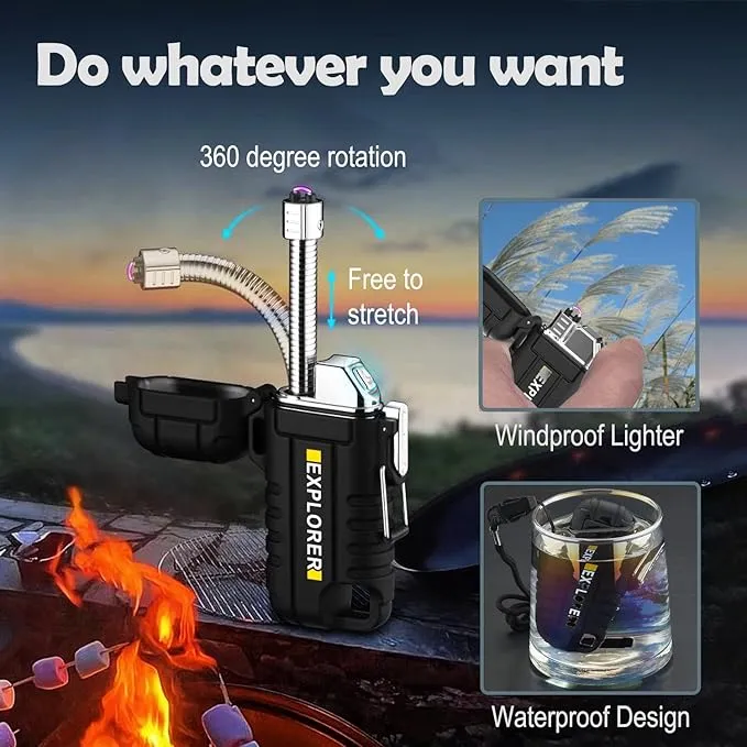 Waterproof Electric Lighter with 360°Flexible Long Neck, Outdoor Windproof Arc Lighter USB Rechargeable Flameless Plasma Cool Lighters for Outdoor & Kitchen(Black)