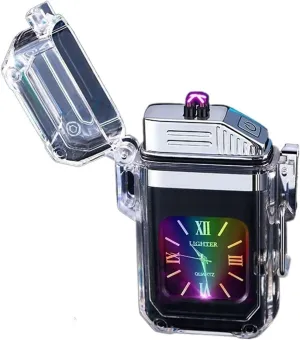 Waterproof Lighter Outdoor Windproof/Flameless/USB Rechargeable Lighters with Clock Plasma Lighter Torch Lighter for Camping,Hiking,Adventure Gifts (Color : Black)