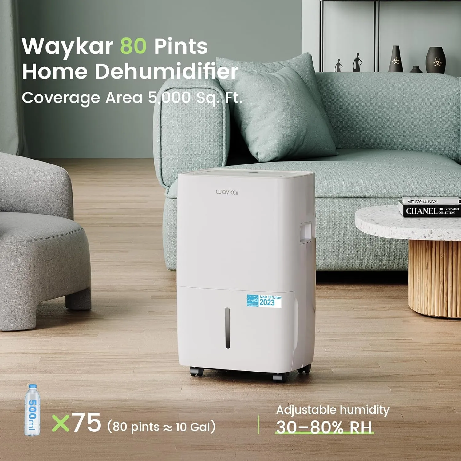 Waykar 80 Pints Energy Star Dehumidifier for Spaces up to 5,000 Sq. Ft at Home, in Basements and Large Rooms with Drain Hose and 1.14 Gallons Water Tank (JD025CE-80)