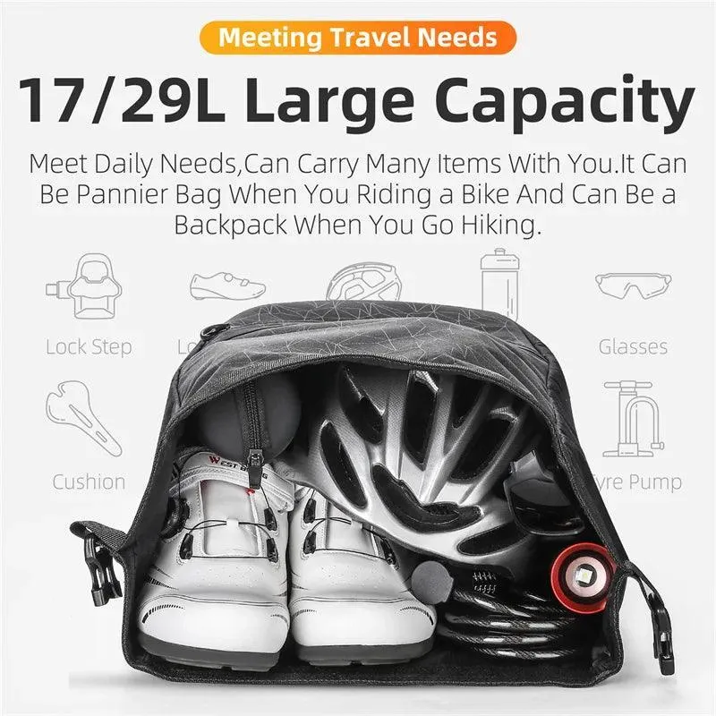 WEST BIKING Multifunctional Bicycle Pannier 17/29L Waterproof Bike Bag Double Side Luggage Rack Shoulder Bag Cycling Backpack
