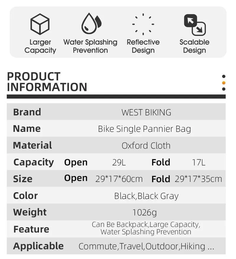 WEST BIKING Multifunctional Bicycle Pannier 17/29L Waterproof Bike Bag Double Side Luggage Rack Shoulder Bag Cycling Backpack