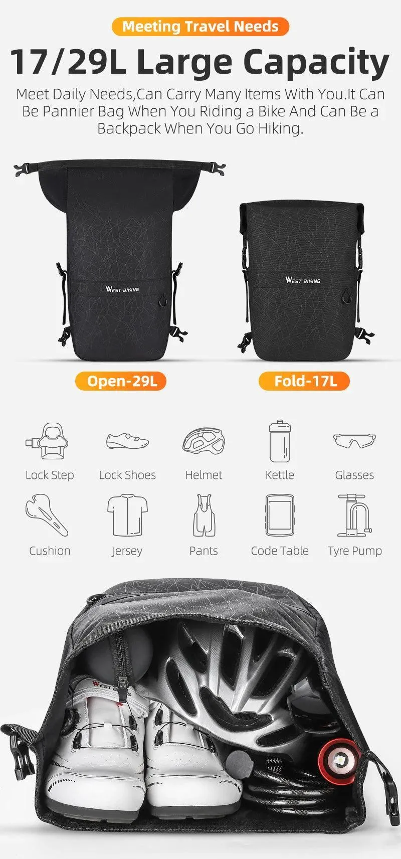 WEST BIKING Multifunctional Bicycle Pannier 17/29L Waterproof Bike Bag Double Side Luggage Rack Shoulder Bag Cycling Backpack