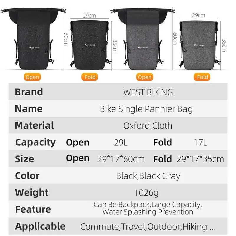 WEST BIKING Multifunctional Bicycle Pannier 17/29L Waterproof Bike Bag Double Side Luggage Rack Shoulder Bag Cycling Backpack
