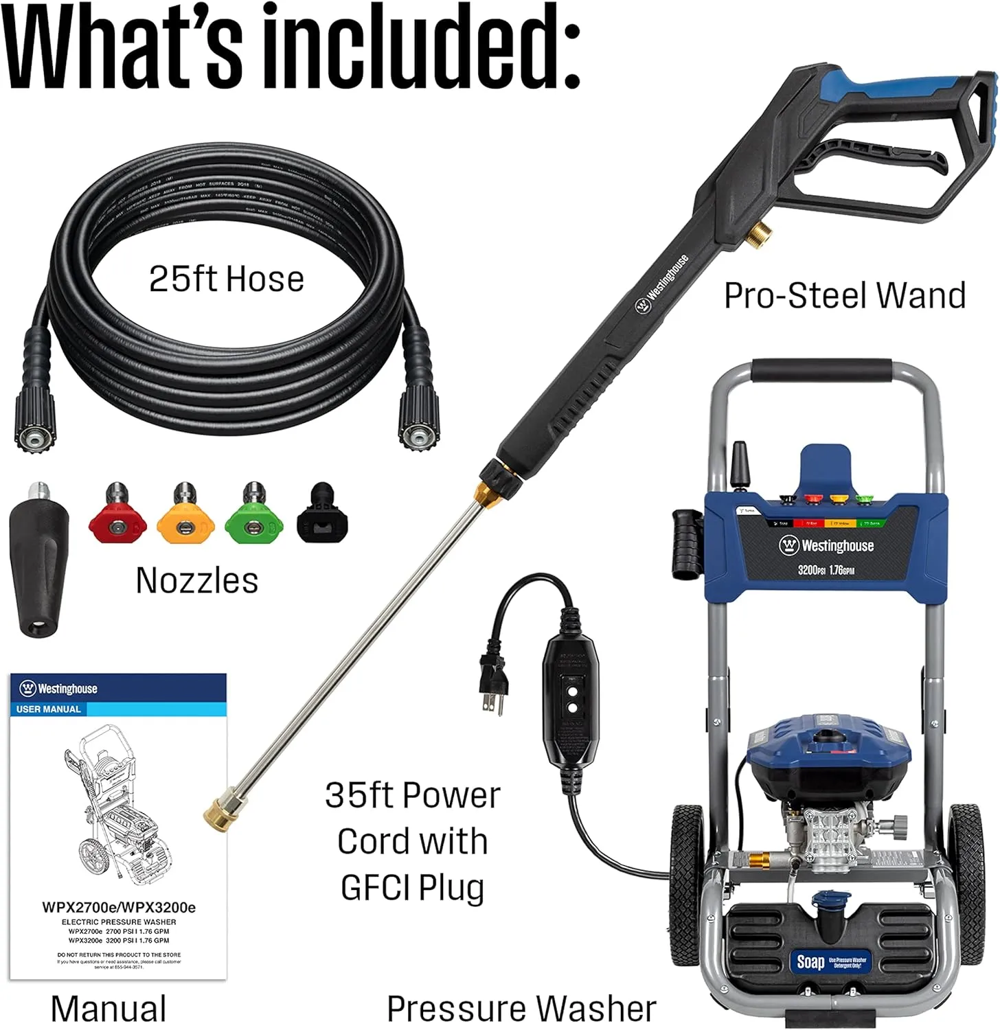 Westinghouse WPX3200e Electric Pressure Washer, 3200 PSI and 1.76 Max GPM, Induction Motor & Westinghouse Outdoor Power Equipment Foam Cannon for Pressure Washers - 3600 Max PSI