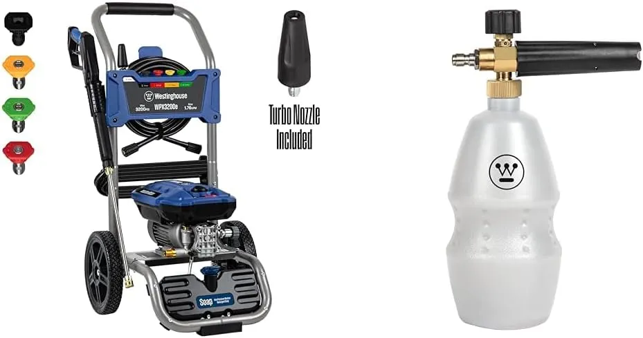 Westinghouse WPX3200e Electric Pressure Washer, 3200 PSI and 1.76 Max GPM, Induction Motor & Westinghouse Outdoor Power Equipment Foam Cannon for Pressure Washers - 3600 Max PSI
