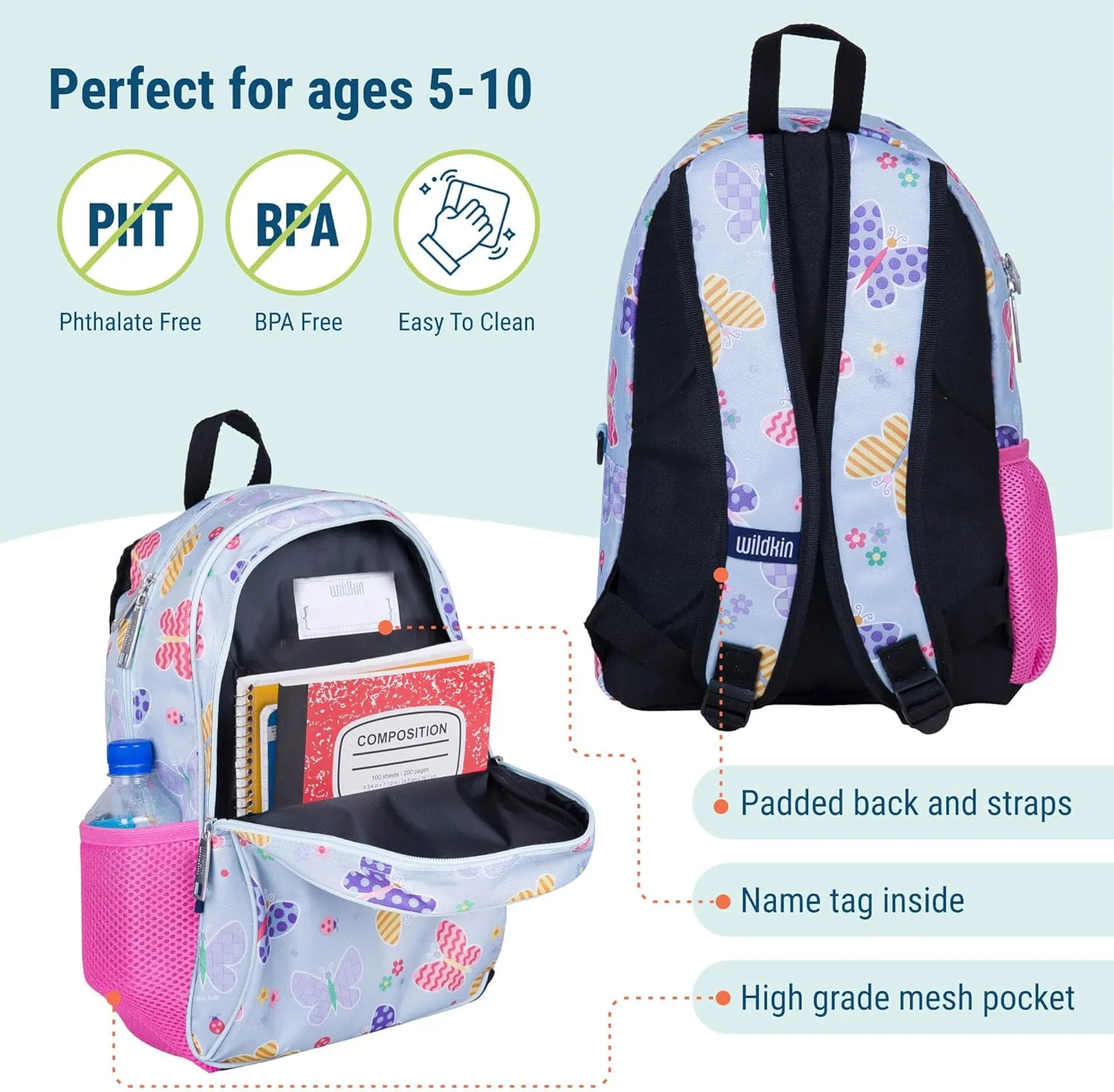 Wildkin 15-inch Kids Backpack – Durable, Padded, Adjustable for School & Travel - Butterfly Garden