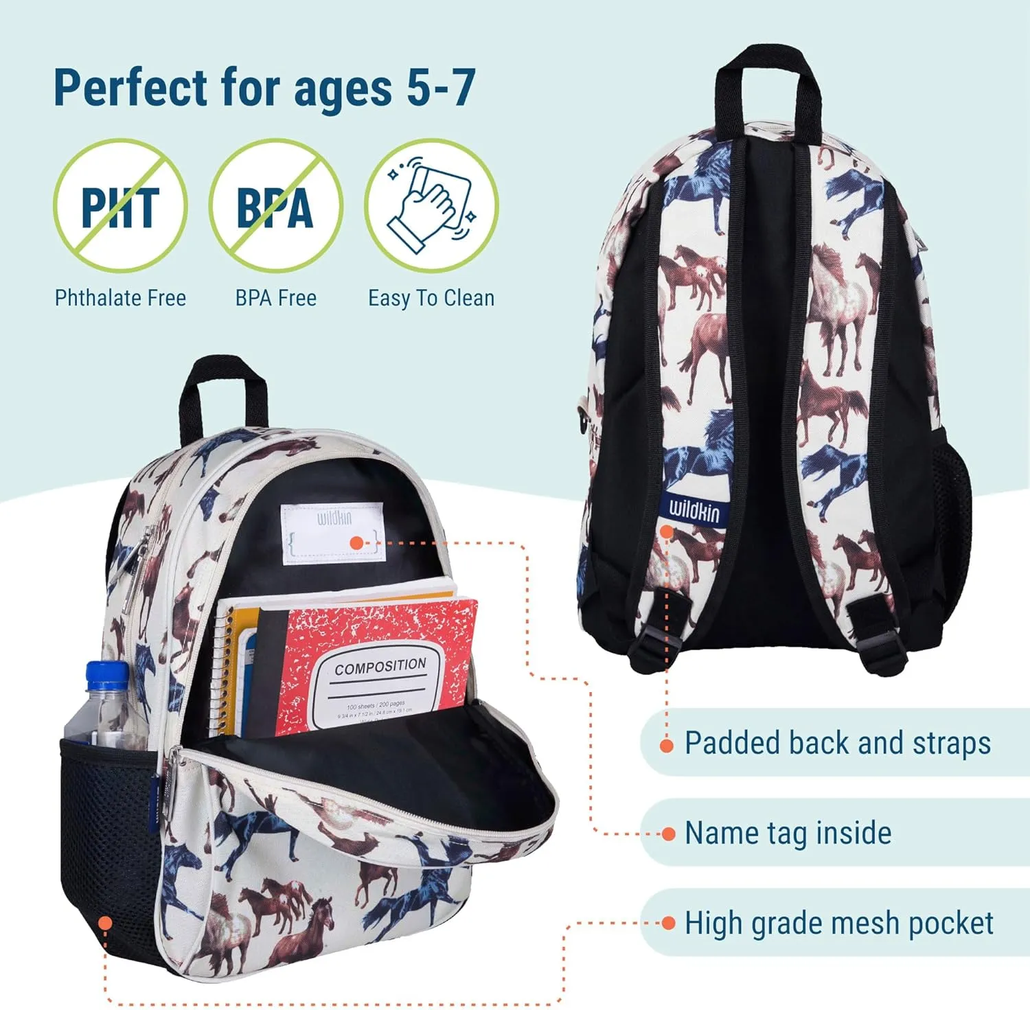 Wildkin 15-inch Kids Backpack – Durable, Padded, Adjustable for School & Travel - Horse Dreams