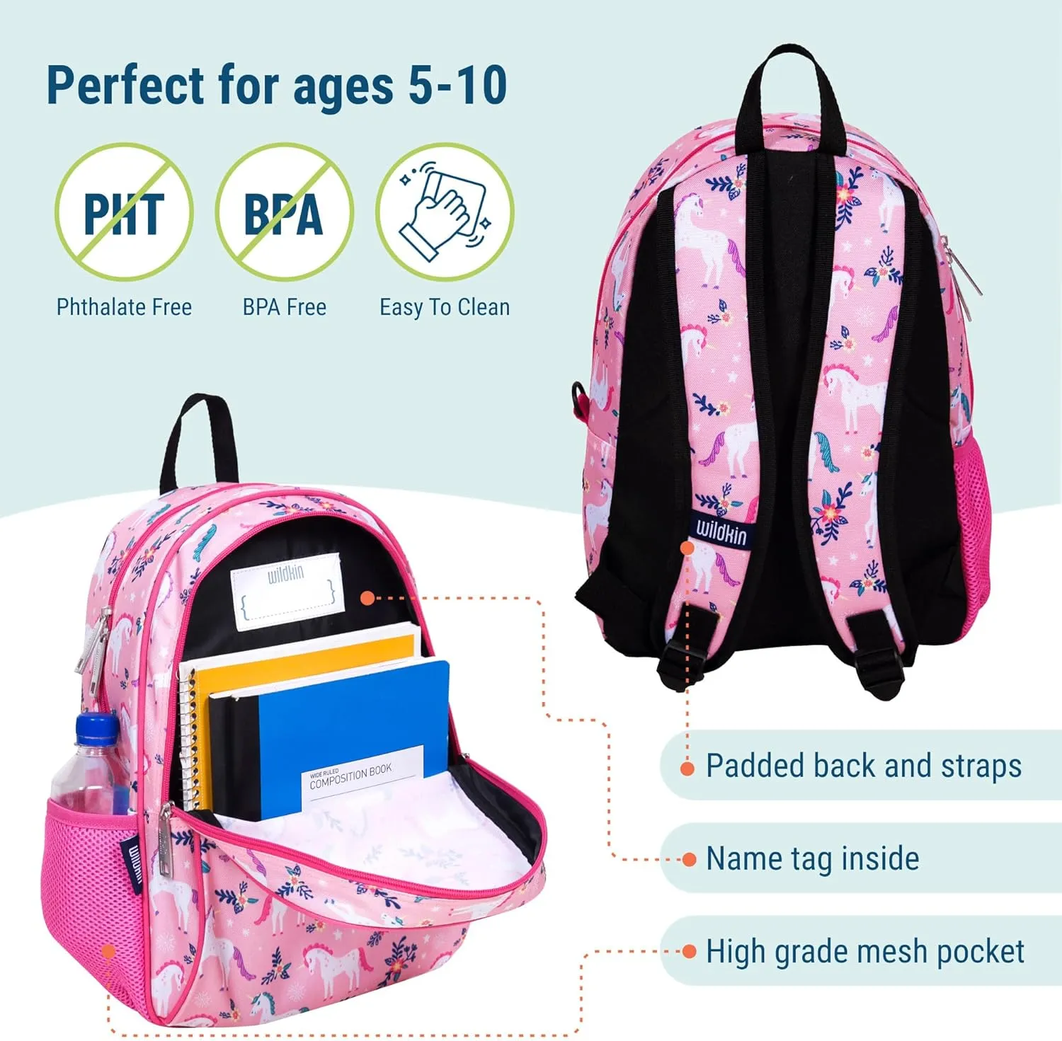 Wildkin 15-inch Kids Backpack – Durable, Padded, Adjustable for School & Travel - Magical Unicorns