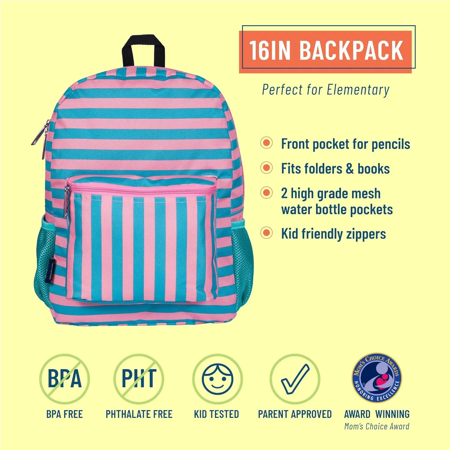 Wildkin 16-inch Kids Backpack – Durable, Padded & Spacious School Bag for Boys & Girls - Pink Stripes