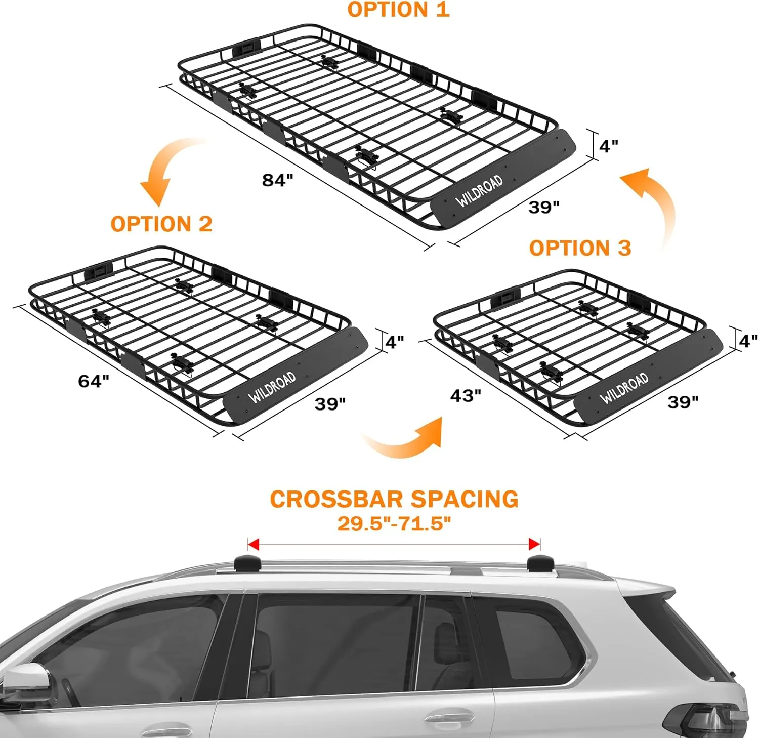 WILDROAD Car Roof Cargo Carrier Combo of Upgraded 84"x 39"x 4" Roof Rack Cargo Basket with 21 Cubic ft Cargo Carrier Bag, Super Duty Bungee Cargo Net and Ratchet Straps Fits for SUV Truck Cars