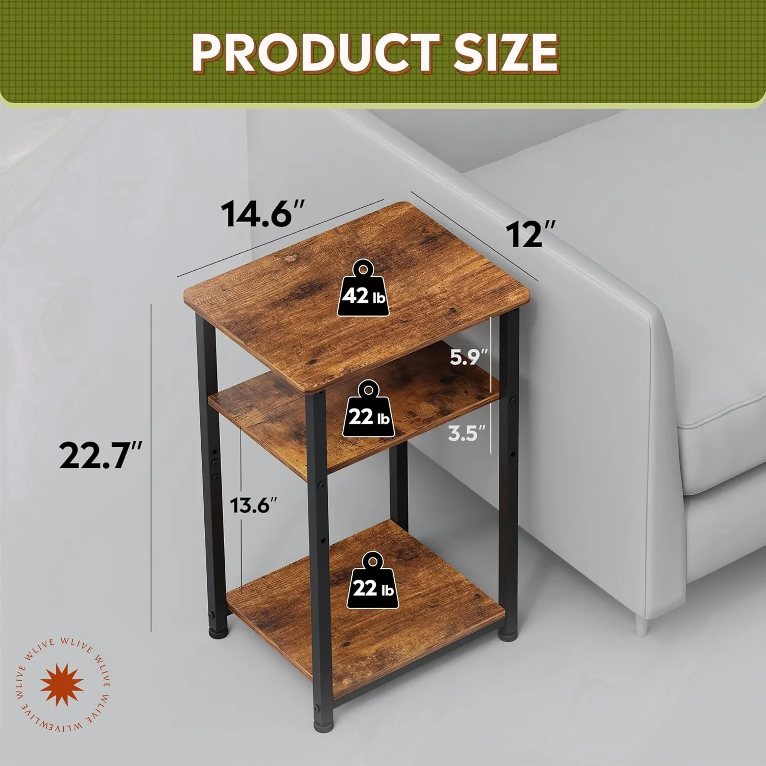 WLIVE End Table, 3-Tier Small Side Tables Living Room, Bedroom, Home Office, Narrow Side Table for Small Spaces, Rustic Brown