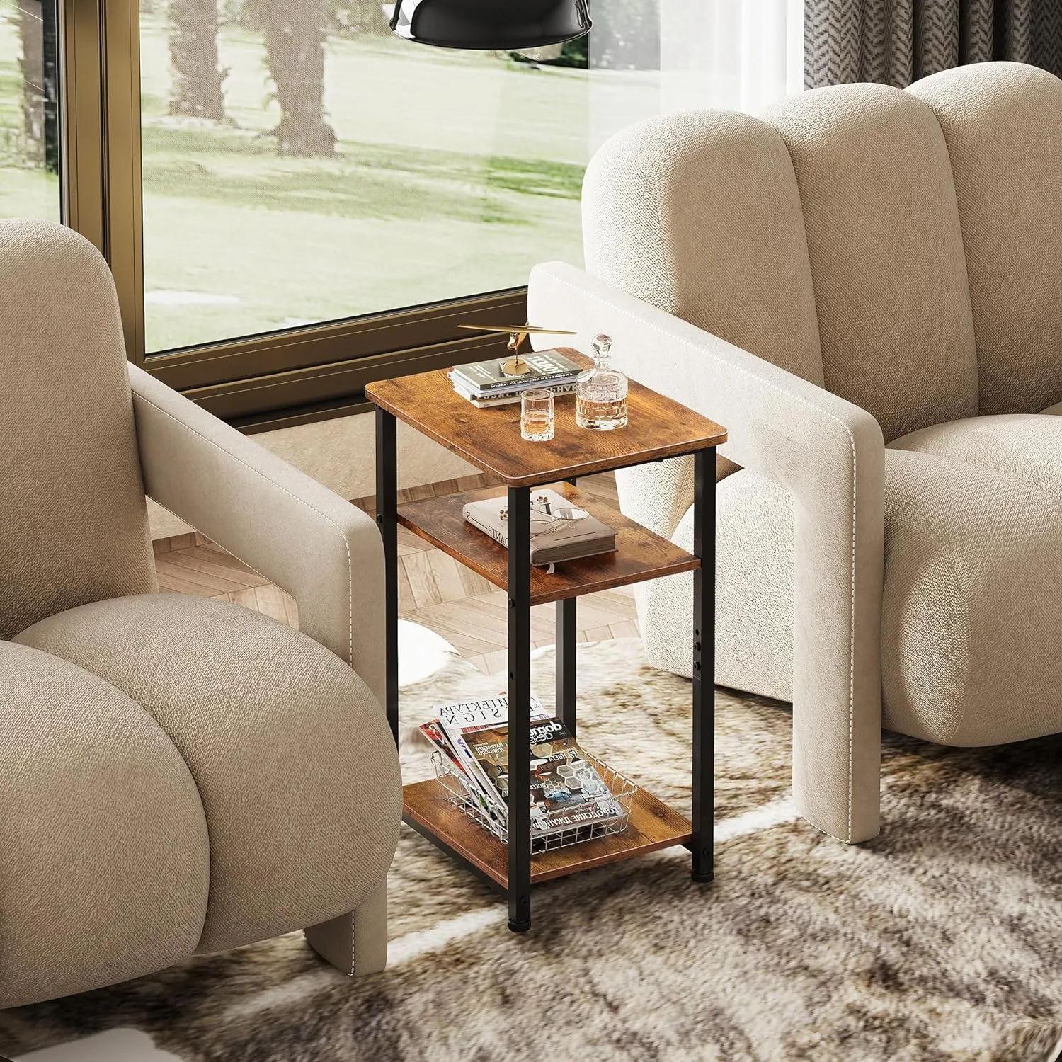 WLIVE End Table, 3-Tier Small Side Tables Living Room, Bedroom, Home Office, Narrow Side Table for Small Spaces, Rustic Brown